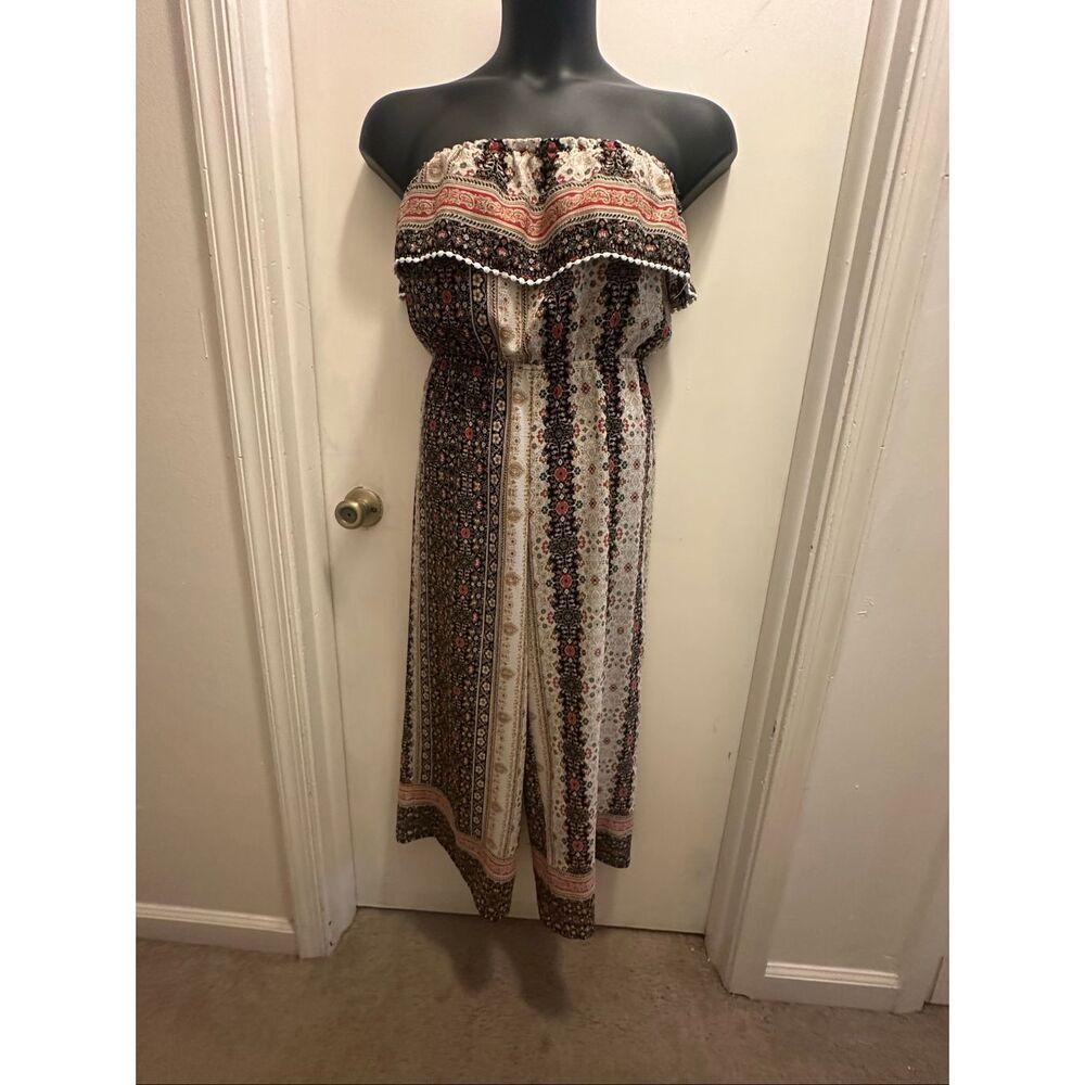 Monteau Women's Multicolor Floral Paisley Strapless Wide Leg Boho Jumpsuit Large